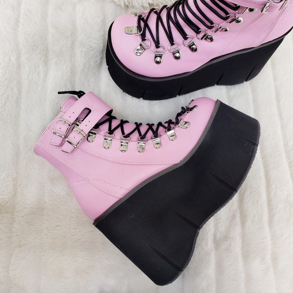 Goth 4 1/2" Platform  Faux Lace-Up Ankle Boot in Pink - Picture 8 of 12